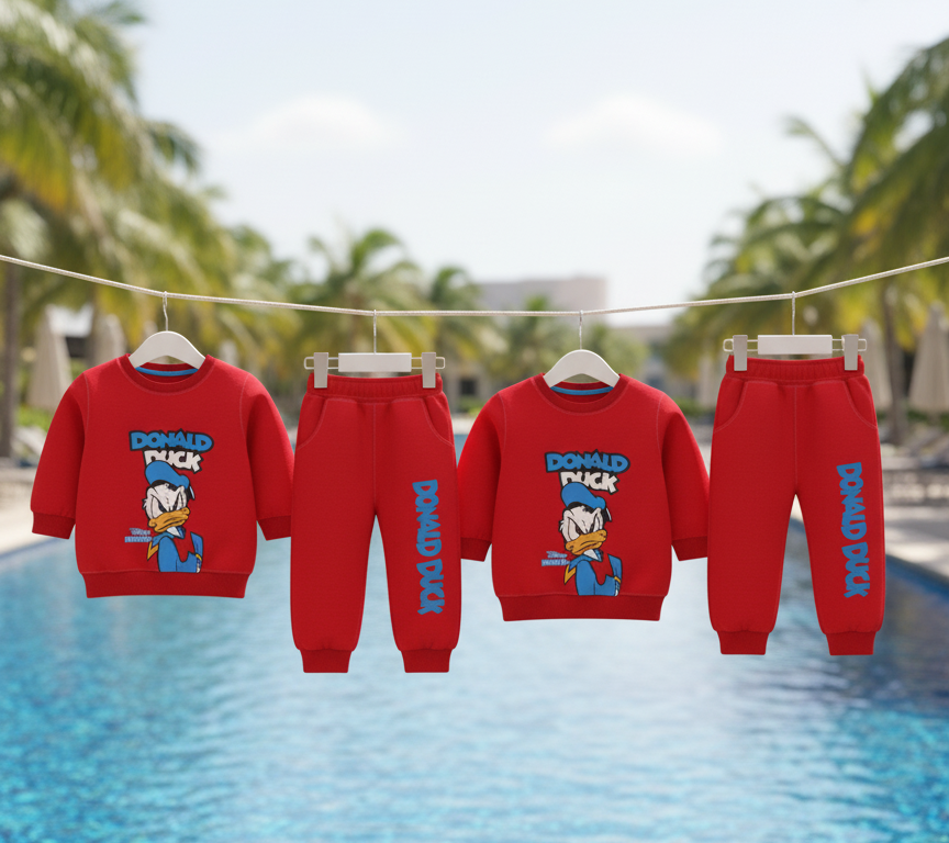 Red children's sweatshirt and pants set with Donald Duck design hanging by a poolside.