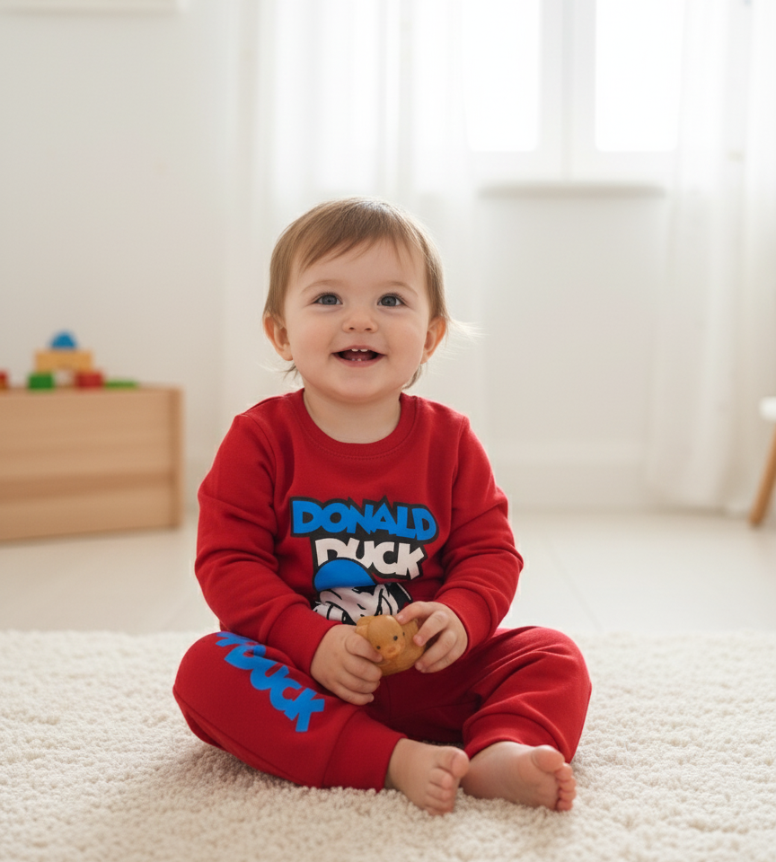 Child wearing a red 'Donald Duck' outfit sitting on a carpeted floor.
