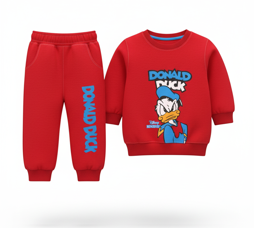 Red 'Donald Duck' themed sweatshirt and pants set on a white background